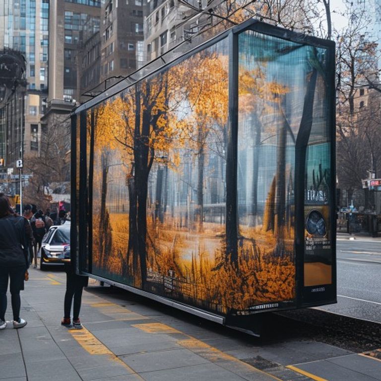 City bus shelter wrapped in an autumn forest vinyl print