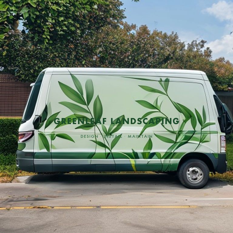 White cargo van with green leaf vinyl wrap for GreenLeaf Landscaping