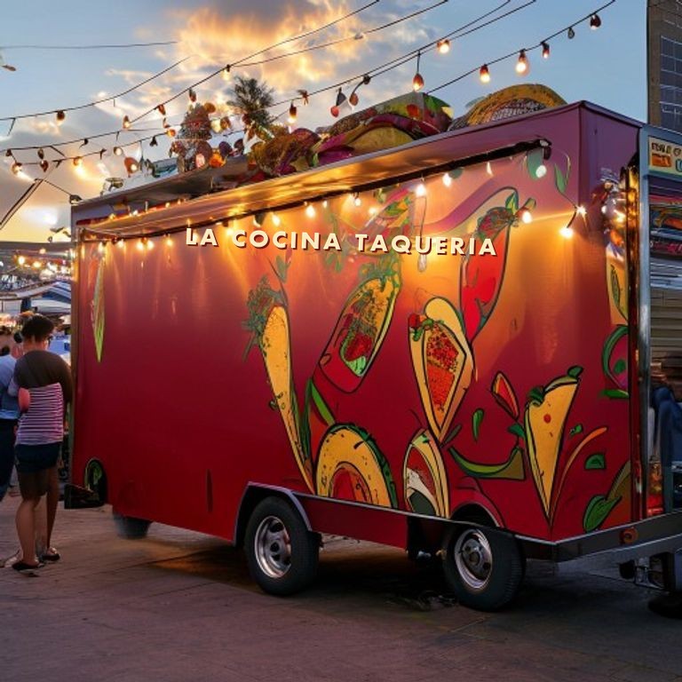 Red food truck with colorful taco vinyl wrap for La Cocina Taqueria