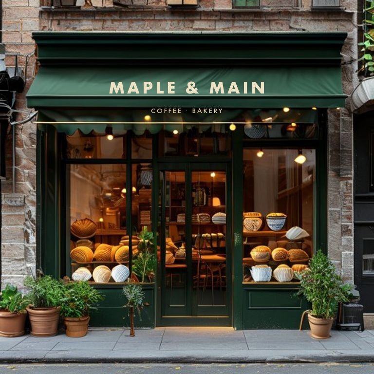 Maple and Main cafe storefront with printed awning and window graphics