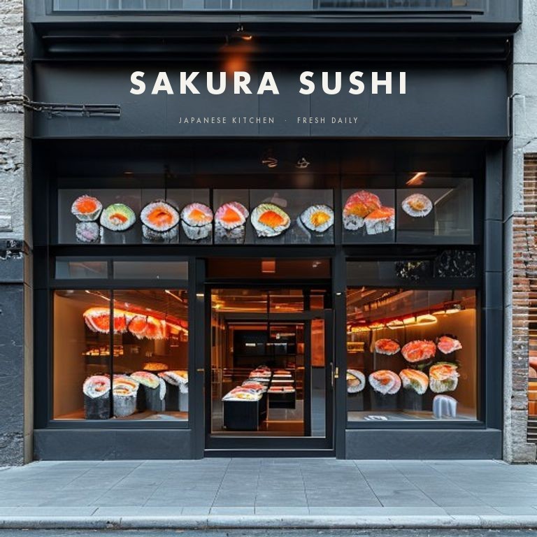 Sakura Sushi storefront with printed sushi photos on the windows