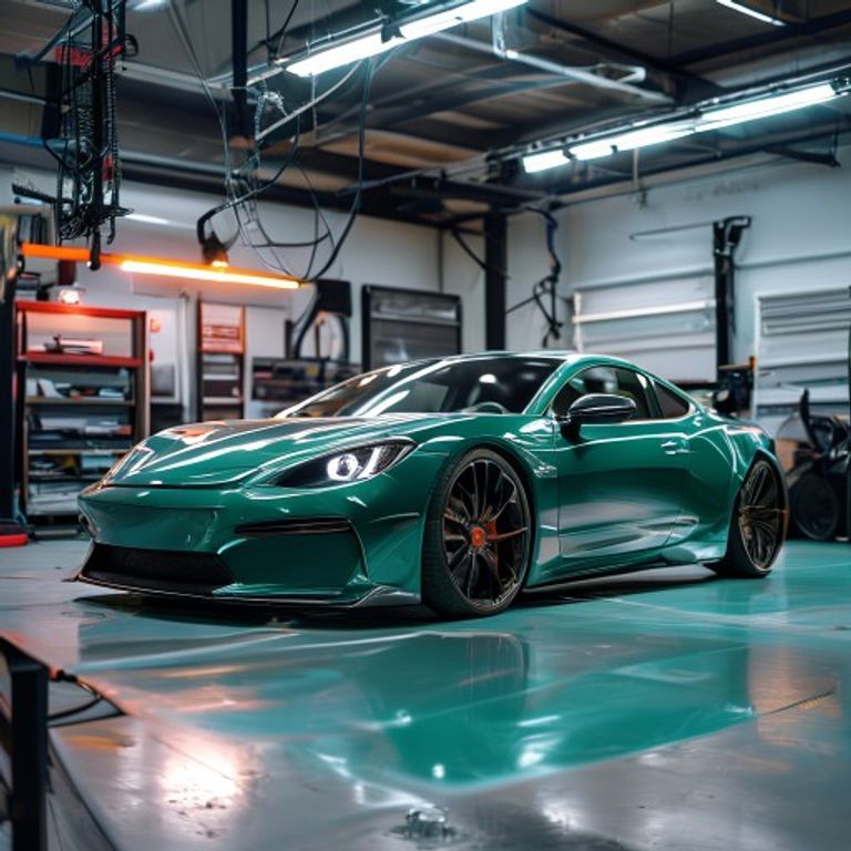Sports sedan with satin teal vinyl wrap in the installation shop